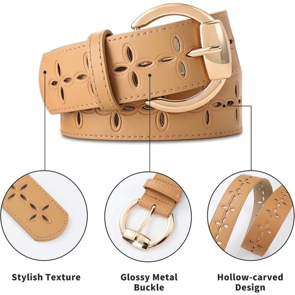 Women Leather Wide Fashion Thick Dress Belt With Gold Buckle Belt Hollow Beige main image 6
